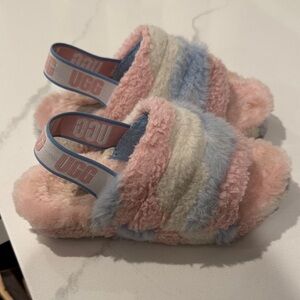 UGG Kids Fluffy Striped Slippers in Pink, Cream, and Blue